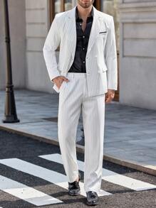 Manfinity Mode Men's Striped Double Breasted Suit Set - Blazer And Trousers Nice Suit For Men ,Men's Travel Daily Commute Vacation INS Set Style, Offering Comfort And A Relaxed Fit, Perfect For Couples' Gatherings, A Thoughtful Gift For Husbands, Boyfriends, Girlfriends, Or Dads, Suitable For Outdoor Travel, Available In Multi-Piece Sets, Ideal For Wedding Parties, A Beautiful INS Versatile Piece For Parties, A Must-Have For Spring And Summer Gatherings, Blending A Fashion Style Of Maturity, Steadiness, And Wisdom, Especially Suitable For Middle-Aged And Young Successful Individuals. - White - View 1