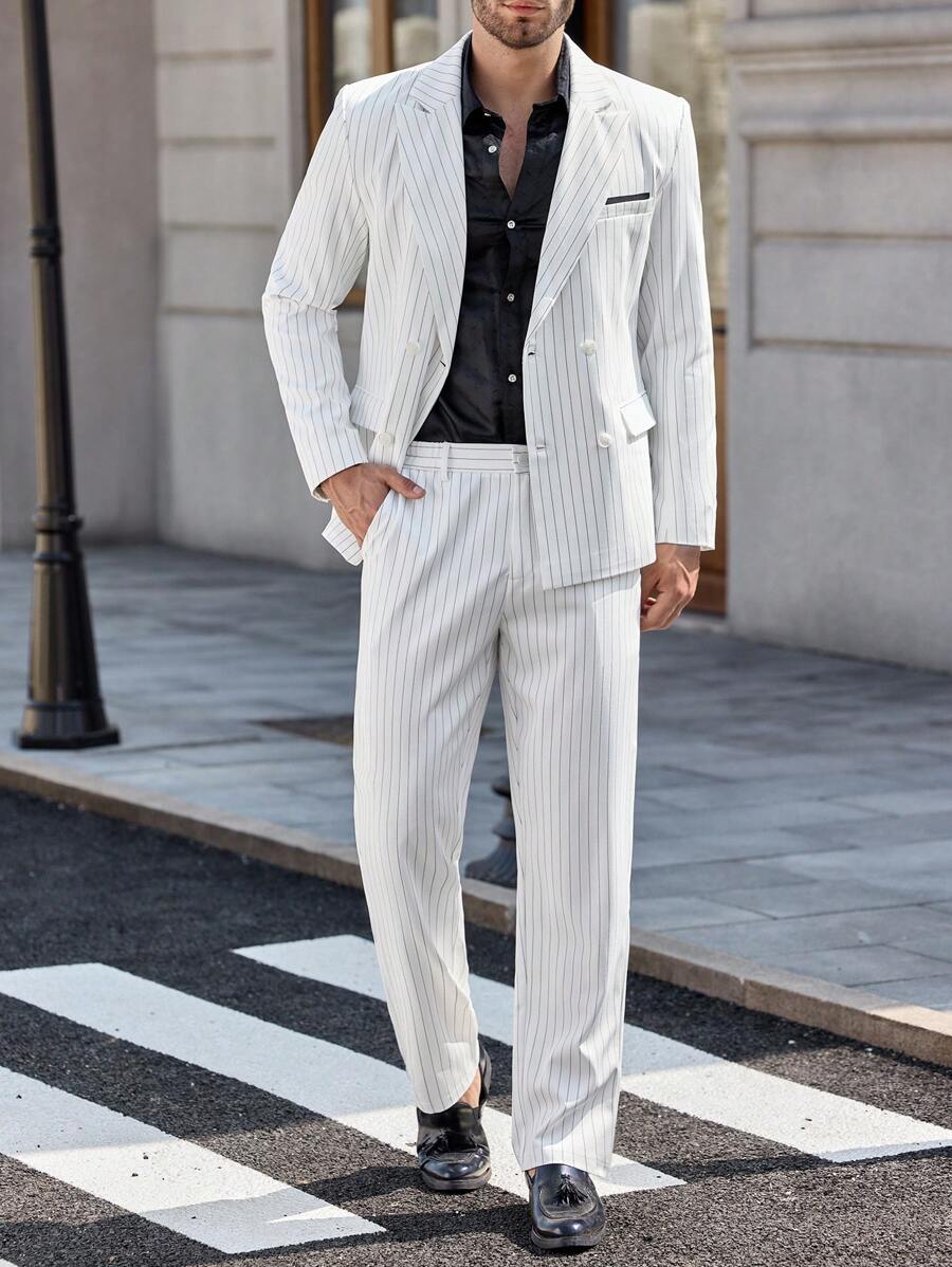 Manfinity Mode Men's Striped Double Breasted Suit Set - Blazer And Trousers Nice Suit For Men ,Men's Travel Daily Commute Vacation INS Set Style, Offering Comfort And A Relaxed Fit, Perfect For Couples' Gatherings, A Thoughtful Gift For Husbands, Boyfriends, Girlfriends, Or Dads, Suitable For Outdoor Travel, Available In Multi-Piece Sets, Ideal For Wedding Parties, A Beautiful INS Versatile Piece For Parties, A Must-Have For Spring And Summer Gatherings, Blending A Fashion Style Of Maturity, Steadiness, And Wisdom, Especially Suitable For Middle-Aged And Young Successful Individuals. - White - View 1