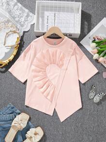 SHEIN Tween Girl Loose Cute Round Neck Pullover Split Ruffle Hem Short Sleeve T-Shirt - Baby Pink - View 6