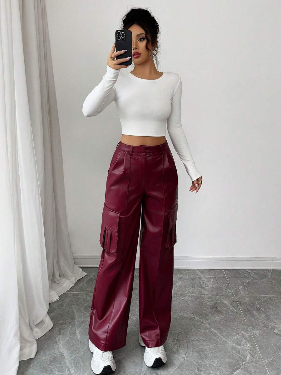 TrendSteals Women's Fashionable Solid Color Cargo Pants Fall Cloth For Women - Burgundy - View 1