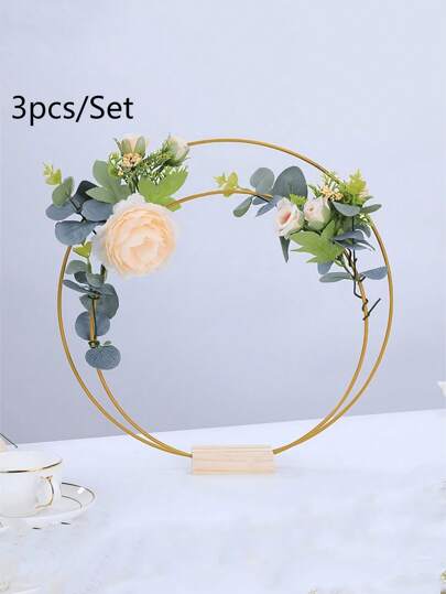 3 件/套金属花环中心装饰，金色金属花环，带 1 个双木座位卡架，适用于工艺品捕梦网环金属环花边环，金色花边和捕梦网用品，中心桌饰，家居装饰，Ro