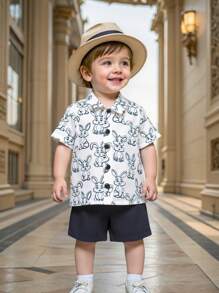SHEIN Leap Crew 2 pièces/ensemble chemise à manches courtes avec motif de lapin de Pâques mignon et short à taille élastique pour bébé garçons, tenue d'été - Multicolore - Voir 8