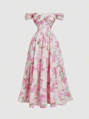 SHEIN MOD Front Twist Waist Floral Romantic Dress Pink,Rave,       Boho,Concert ,Graduation ,Romantic ,Summer ,Tropical  , Elegant,Vacation ,Party,Flowy ,Wedding Guest,Tea Party ,Modest ,Prom ,Bachelorette ,Floral,Club Outfits Women Dress,Sun Dress