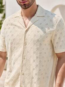 Manfinity RelaxMax 男士度假休闲纯色镂空刺绣衬衫男夏季衬衣男