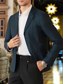 Calvornis Men's Casual Blazer With Single-Breasted Button Closure And Striped Blue-Green Pattern - Navy Blue - View 1