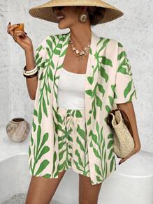 SHEIN VCAY Summer Outing Holiday Dating Set, Women's Short-Sleeved Shirt And Elastic Waist A Swing Shorts Casual Holiday Printed Beach Set, Going Out For Dating, Women's Summer Holiday, Summer Beach Holiday Two Pieces Set, Back To School Dress, Very Simple Dress, Office Dress, Old Money Dress, Teacher Dress, Dating Dress, Going Out For Bestie Afternoon Tea Shopping Leisure Set, Going Out For Music Festival Ladies Set - Green - View 4