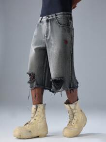 NEON BLANC Men's Street Fashion Embroidered Black Denim Shorts - Black - View 3