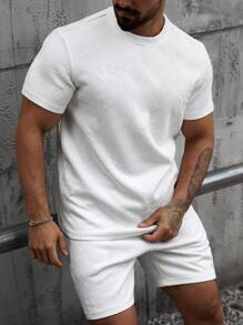 Manfinity Homme Men's Daily Dcasual Round Neck Short-Sleeved Shorts White Textured Fabric Two-Piece Suit, A Gift For Husband Or Boyfriend - White - View 7