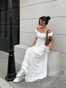 SHEIN EZwear Women's Ruffled Layered Long Skirt - White - View 6