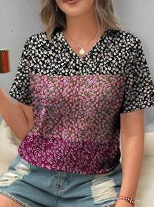 Plus Size Women's V-Neck Casual Ditsy Floral Random Short Sleeve T-Shirt