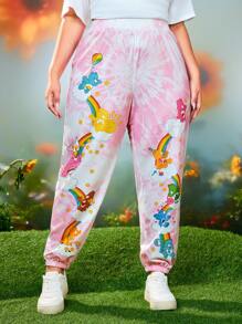 SHEIN X Care Bears Plus Size Spring/Summer Casual Fairycore Y2K Sweet Coquette Kawaii Funny Anime Street Retro Pink Funshine Bear, Tenderheart Bear, Cheer Bear, Good Luck Bear, Dreamy Heart Cloud Cartoon Printed Tie Dye Pants, For Rave, Festival Vacation - Pink - View 1