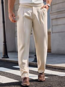 Manfinity Homme Men's Light Beige Pleated Pocket Straight Leg Casual Pants,Autumn Solid Minimalist Relaxed Fit Soft Trousers,Perfect For Party,Vacation & Streetwear - Apricot - View 1