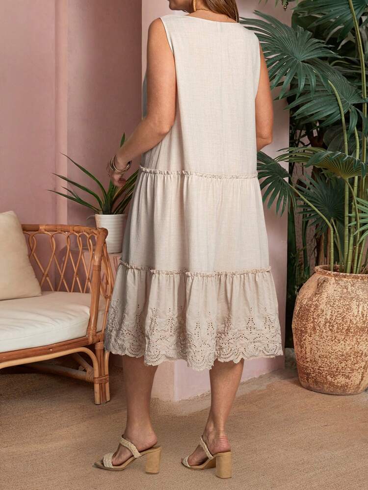 Plus Size Round Neck Ruffle Trim Sleeveless Casual Vacation Dress,Summer Clothes,Vacation Outfits Woman / Vacation,Boho Women Clothing