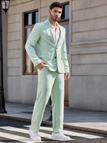 Manfinity Mode Men's Solid Color Lapel Collar Casual 2 Pieces Suit Set (Jacket & Pants) Prom Suit For Men Blazer For Men - Mint Green - View 6