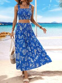 Breezaya 2pcs Women's Casual Shell Print Camisole And Skirt Suit, Blue Vacation Style