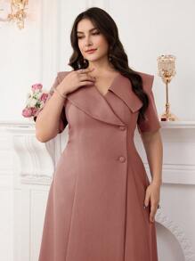 Modelyn 加大码 V 领水手领甜美短袖褶皱腰正式优雅中长连衣裙 - 粉色 - 查看 3