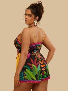 Travachic Plus Size Tropical Side Tie Parrot Printed Jumpsuit Shorts, Women Casual Holiday Beach Romper