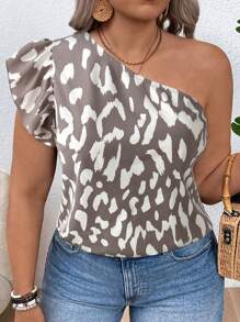 SHEIN VCAY Plus Size Vacation Cap Sleeve One Shoulder Leopard Print Shirt