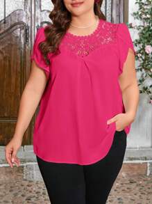 SHEIN Clasi Plus Size Casual & Office Wear Solid Color Lace Patchwork Shirt - Hot Pink - View 6