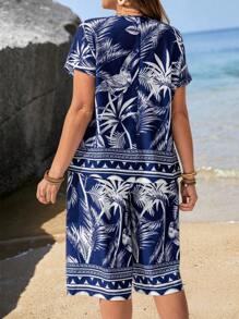 EMERY ROSE Plus Size Short Sleeve V-Neck T-Shirt And Pants 2 Pieces Set, Minimalist And Stylish, Concert Outfit Women, Easter Outfit Women, Easter Outfit Women, Country Concert Outfit, Western Wear Women, Boho Chic, Boho Women Clothing, Summer Outfits For Women - Blue and White - View 2