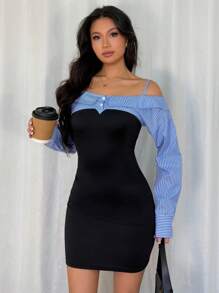 Elenzga Women's Summer Outing Vacation Party Date Ramadan Festival Music Festival Wedding Elegant Fashion Knit Splice Striped Blue Black Open Shoulder Spaghetti Strap Long Sleeve Lantern Sleeve 2 In 1 Cinched Waist Fitted Short Dress - Black - View 4