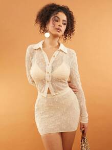 SHEIN Unity Women Light Beige Textured Knit Button Up Crop Top,Seksi Chic Autumn Vacation Beach Festival Elegant Office Siren Spring Break Brunch NYE Christmas - White - View 1