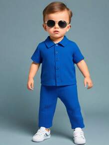 2pcs Baby Boy Solid Color Short Sleeve Top And Long Pants Set - Blue - View 1