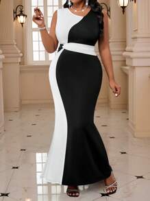 SHEIN Lady Spring And Summer Casual Elegant Boho Black And Knitted V Neck Mermaid Belted Contrasting Colors Long Plus Size Dresses Vacation Outfits Woman Beach Outfits For Woman Vacation Vacation Outfits Women Beach Vacation Outfits Beach Wedding Guest Dress Business Casual Woman Church Clothes Women Spring Outfits For Women