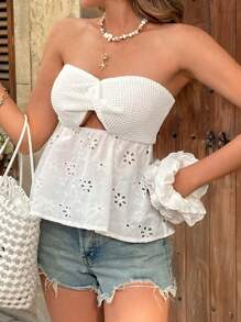 Chiquease Elegancki damski top bandeau w stylu francuskim, skręcony, pusty, odpowiedni na wakacje wiosną/latem - Biały - Zobacz 4