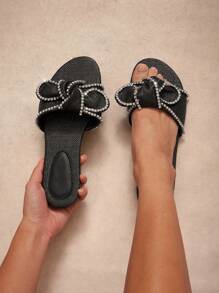 SHUZIA Women Slip-On Bow Decor Open Toe Everyday Cute Basic Raffia Black Sandals Spring Shoes Spring Break Easter - Black - View 4
