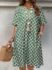 EMERY ROSE Vestido informal con estampado total y cuello en V para talla grande para vacaciones