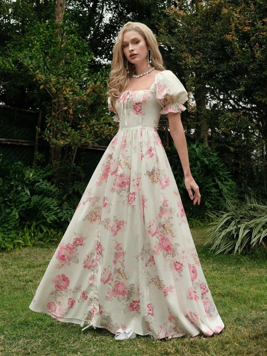 SHEIN MOD 复古图案印花泡泡袖长裙，配有精致的褶边和抽绳，可调节下摆长度，华丽的宫廷风格，约会、派对、节日、茶会、生日装