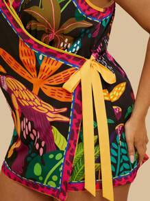 Travachic Plus Size Tropical Side Tie Parrot Printed Jumpsuit Shorts, Women Casual Holiday Beach Romper