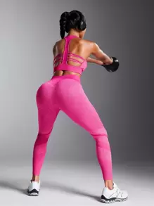 Powerista Women's Backless Halter Neck Top & Seamless Sports Leggings 2pcs Set - Pink - View 4