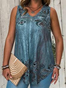 EMERY ROSE Plus Size Dames Tanktop met Blauwe Bloemenprint, Minimalistisch En Modieus, Geschikt Voor De Zomer