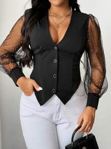 Celure Plus Size Women Sequin & Mesh Panel Blouse - Black - View 5