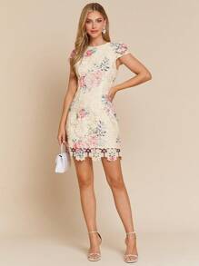 Amorya 1 pieza Vestido corto de mujer con manga corta, borde asimétrico, encaje y estampado de florecitas romántico. Atuendo elegante de verano para mujer, vestidos casuales de negocios, ropa de mujer estilo boho para vacaciones, vestido de boda o invitada, vestido floral de verano