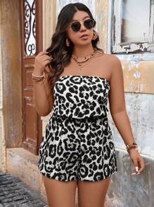 SHEIN VCAY Plus Size Leopard Print Bandeau Jumpsuit - Black and White - View 6