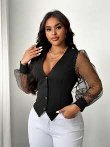 Celure Plus Size Women Sequin & Mesh Panel Blouse - Black - View 1