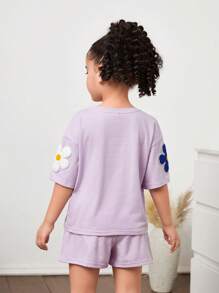 2pcs/Set Young Girl Solid Color Crew Neck 3D Flower T-Shirt And Shorts Set