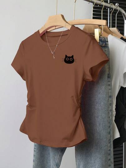 INAWLY 女士夏季休闲猫咪印花褶皱 T 恤