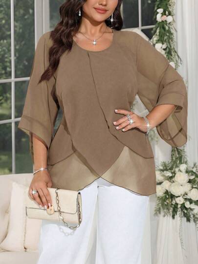 SHEIN Clasi قميص كاجوال بسيط متعدد الطبقات للمرأة البدينة، مناسب لرأس السنة، عيد الحب، ، عيد الميلاد، عيد الفصح، المناسبات الوطنية، الحفلات، رأس السنة، حفلة عيد الميلاد، ديكور عيد الميلاد، منزل عيد الميلاد، عطلة الربيع