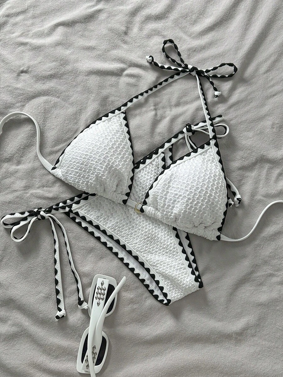 Swim Mod Women's 2pcs Summer Beach Contrast Trim Halter Bikini Set Clothes - White - View 1