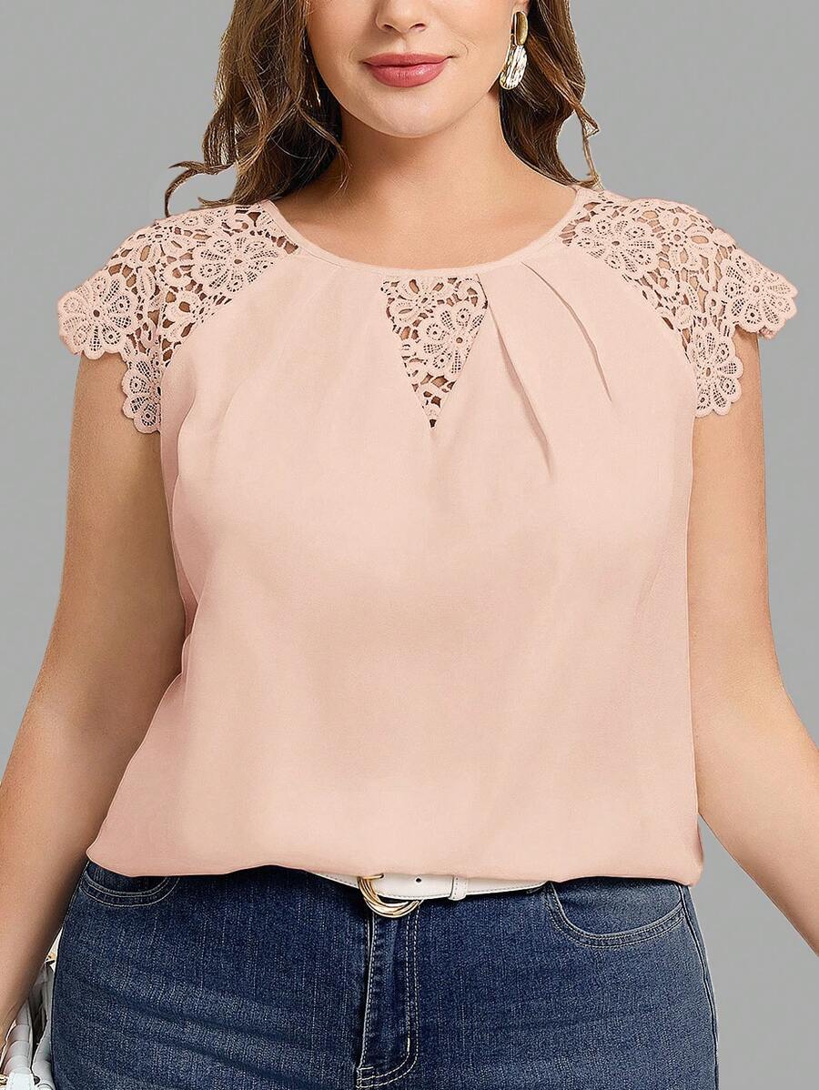 SHEIN Clasi Plus Size Women's Contrast Lace Round Neck Raglan Sleeve Elegant Blouse - Apricot - View 1