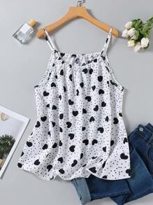 SHEIN LUNE 加大码细肩带心形印花休闲吊带背心新年女装心形印花图案夏季女装情人节度假女装夏季女装夏季上衣 - 白色 - 查看 1