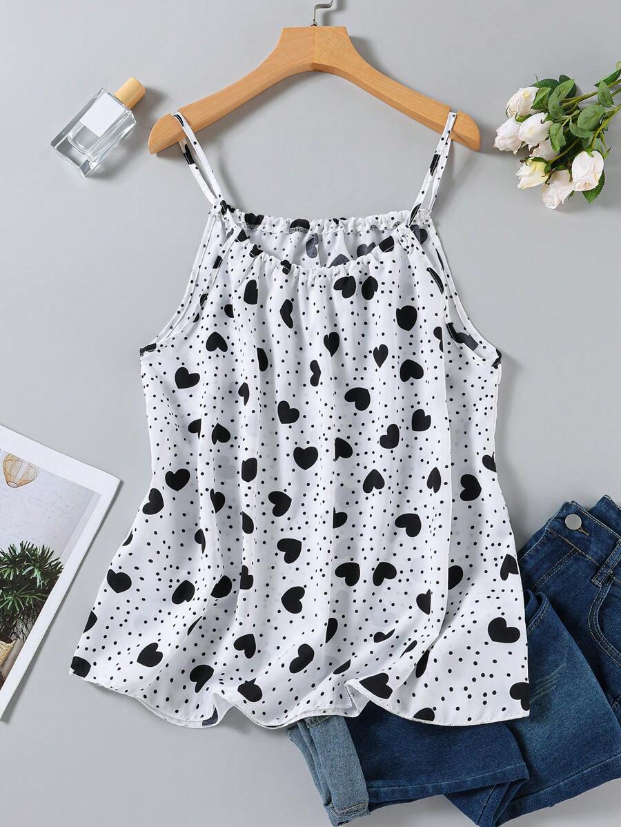 SHEIN LUNE 加大码细肩带心形印花休闲吊带背心新年女装心形印花图案夏季女装情人节度假女装夏季女装夏季上衣 - 白色 - 查看 1