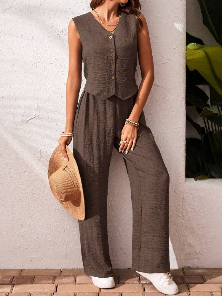 SHEIN Frenchy 2pcs Vacation Casual Solid Color Tank Top And Pants Set Brown Summer Holiday Resort - Chocolate Brown - View 4