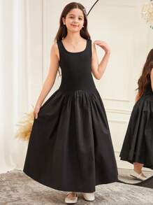 SHEIN Tween Girls' Casual Minimalist Comfort Round Neck Sleeveless Patchwork Dress - Black - View 4