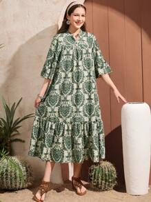 Tienermeisjes vakantie casual allover print ruche mouw jurk, vakantie, zomer, reizen