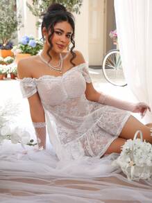 2pcs Bridal Strapless Ruched Ruched Bust Ruched Nightgown And Thong Panties Set, Romantic Countryside Sexy Lingerie For Women - White - View 1